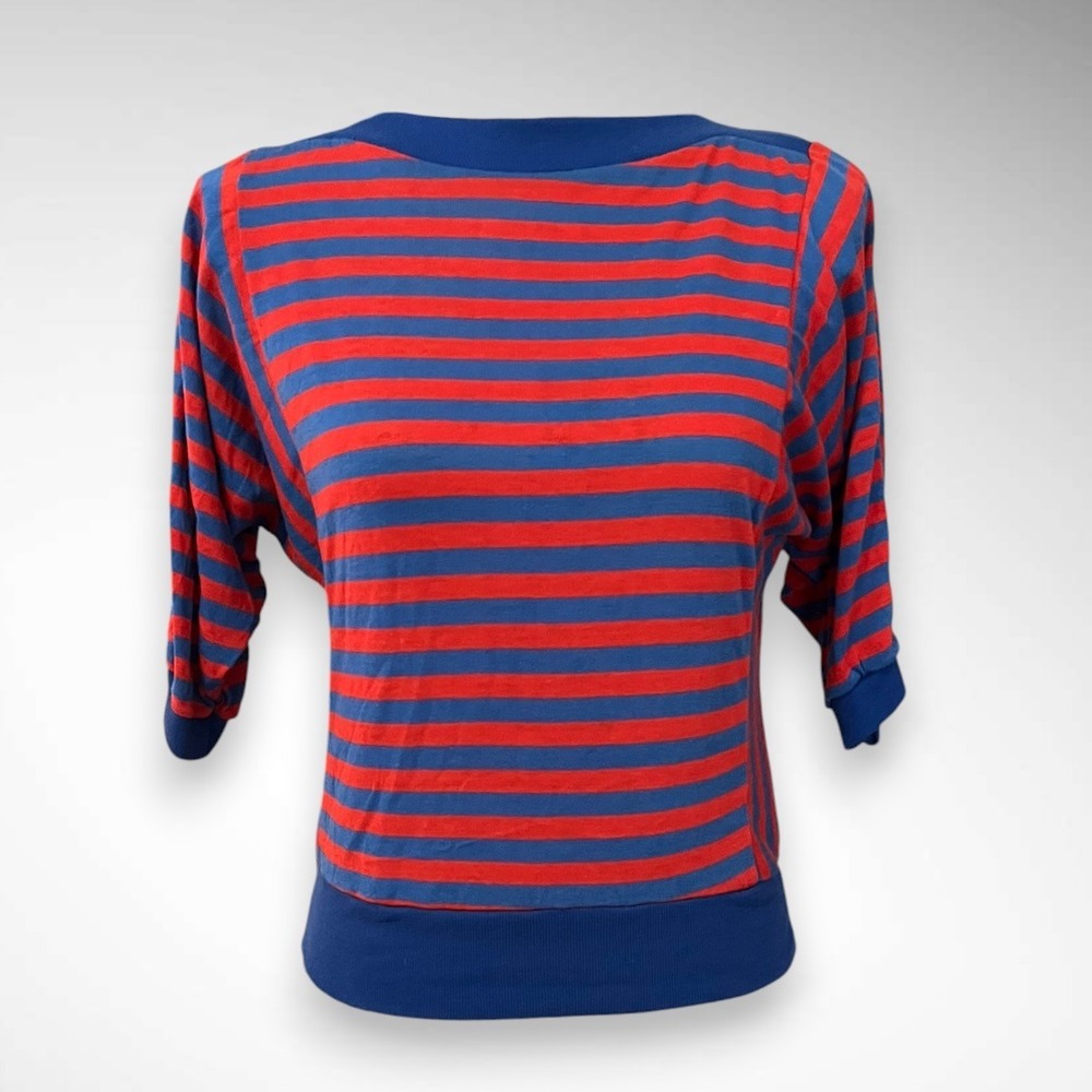 VINTAGE Women's Red‎ and Blue Striped 3/4 Sleeve Top Size Small | EUC